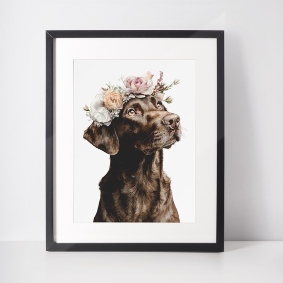 Watercolor Labrador Retriever with Flower Crown Portrait Wall Art Print Unframed - Picture 3 of 7